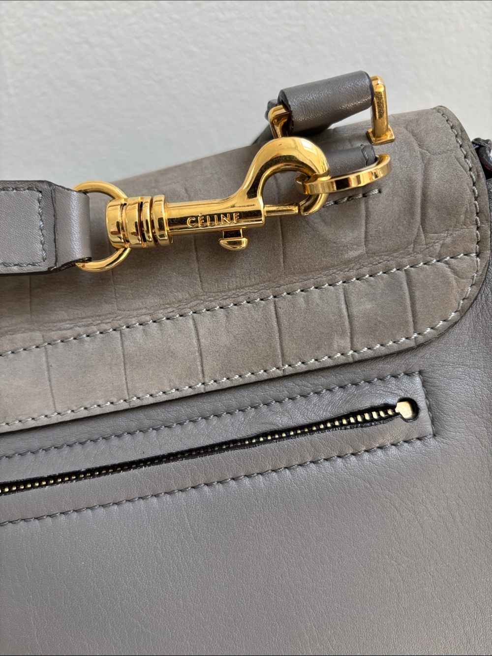 Celine Gray Croc-Embossed Leather Satchel with Gold Hardware - Picture 13 of 14